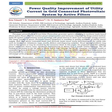 Power Quality Improvement of Utility Current in Grid Connected Photovoltaic S...