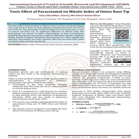 Toxic Effect of Paracetamol on Mitotic Index of Onion Root Tip | PDF