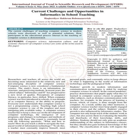 Current Challenges and Opportunities in Informatics in School Teaching
