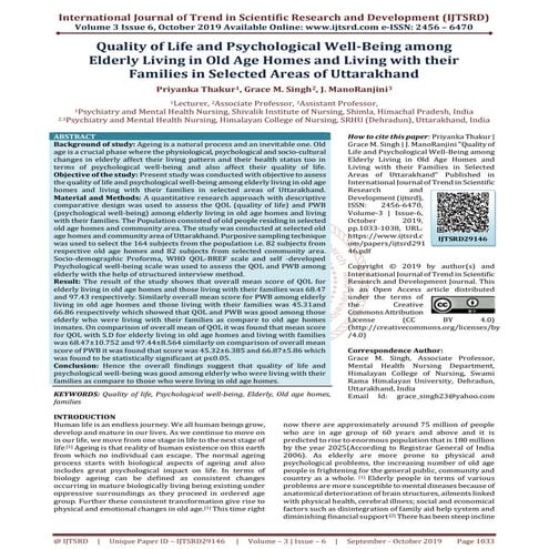 Quality of Life and Psychological Well Being among Elderly Living in ...