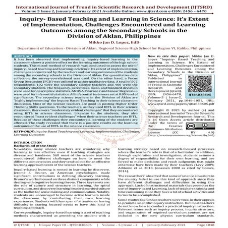 Inquiry Based Teaching and Learning in Science It’s Extent of Implementation,...