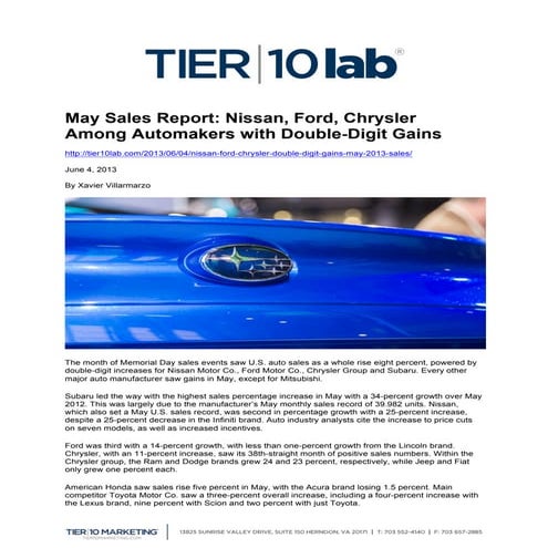 May Sales Report: Nissan, Ford, Chrysler Among Automakers with Double-Digit G...