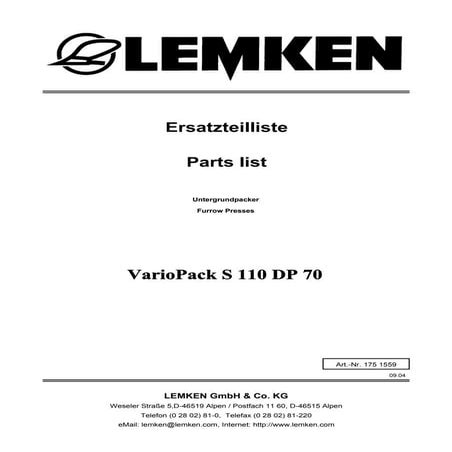 Lemken Vario Pack S 110 DP70 parts catalog