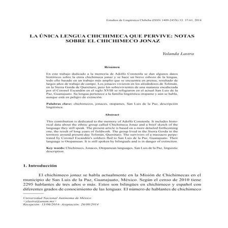La única lengua chichimeca que pervive: notas sobre el chichimeco jonaz ...