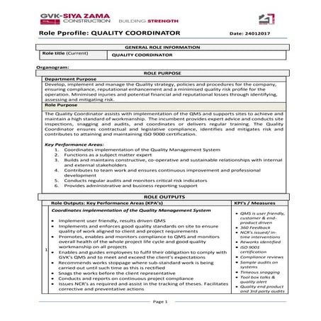 GVK Siyazama Quality Coordinator Role Profile