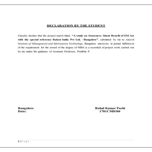 A Study on Awareness About the benefit of ESI Act With the special reference ...