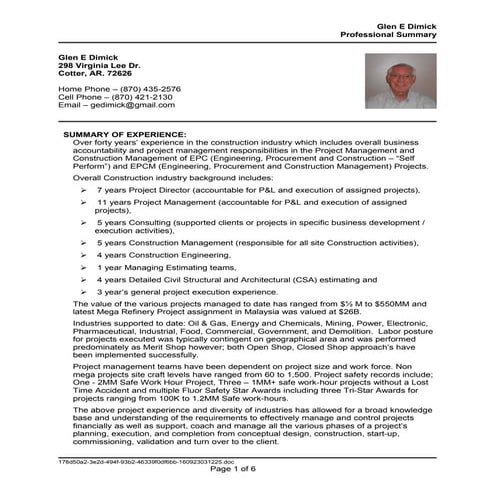 Dimick, Glen Resume_Summary_July 2016