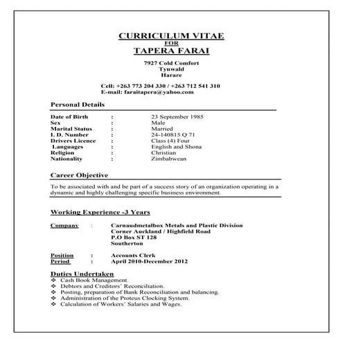 C.V for Tapera Farai