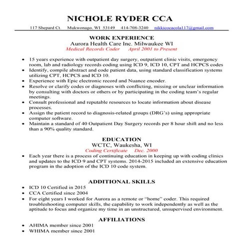 RESUME NICHOLE RYDER CCA