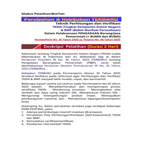 Silabus Pelatihan "PERUBAHAN & Kebijakan TERBARU Perhitungan dan Verifikasi T...