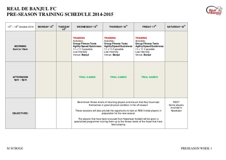 PreSeason Training Schedule 201415