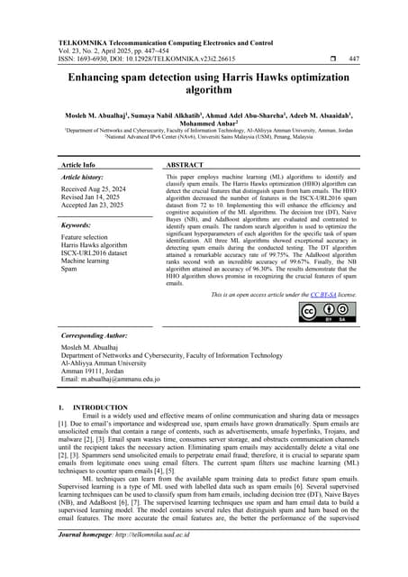 Enhancing spam detection using Harris Hawks optimization algorithm