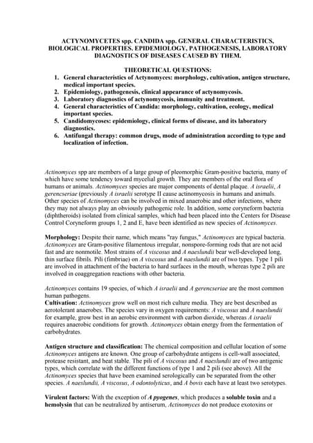 Actynomycetes, Candida. Epidemiology, Pathogenesis, laboratory diagnostics