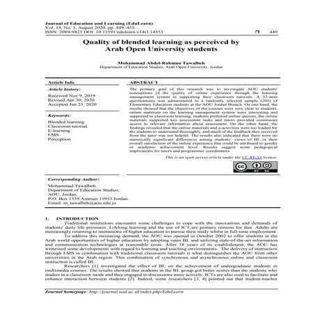 Quality of blended learning as perceived by Arab Open University students