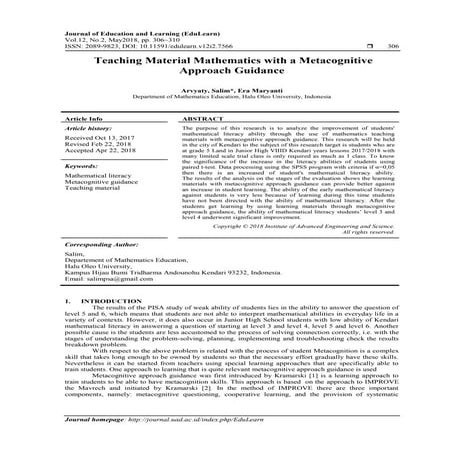 Teaching Material Mathematics with a Metacognitive Approach Guidance