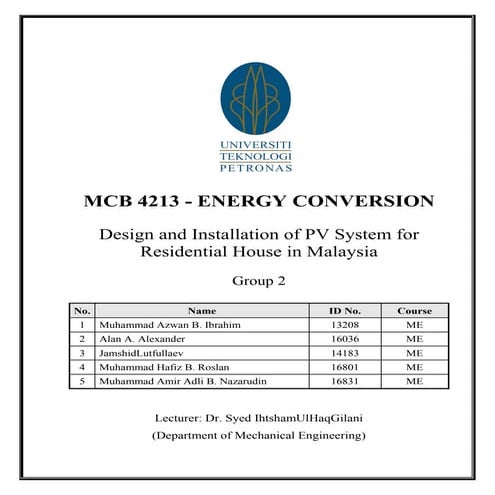 MCB 4213 Energy Conversion - Design and Installation of PV System for Residen...