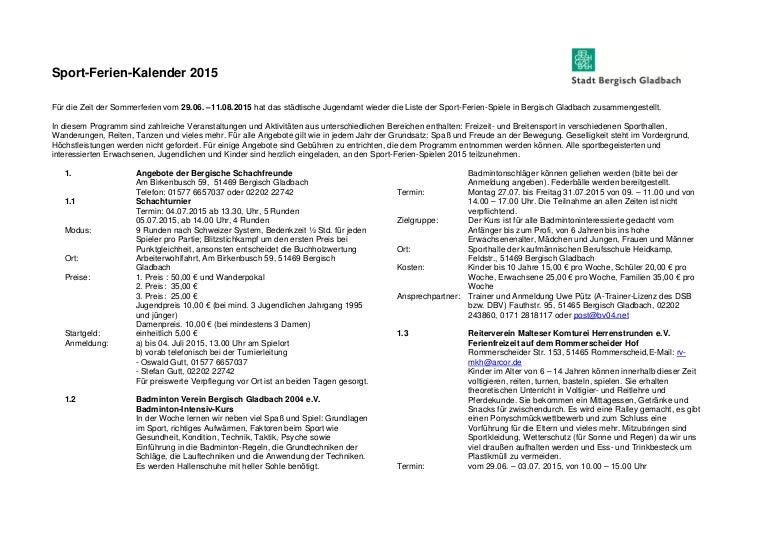 Sport Ferien Kalender 15 Bergisch Gladbach