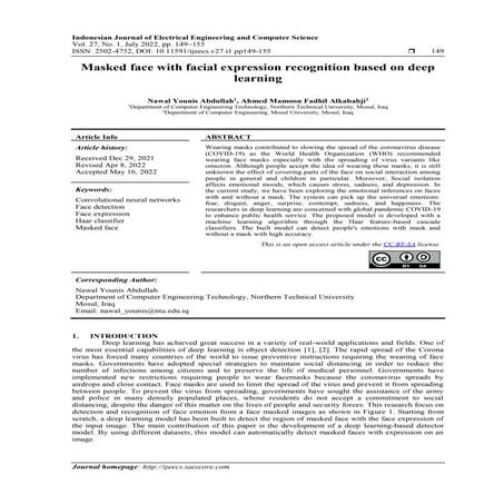Masked face with facial expression recognition based on deep learning | PDF