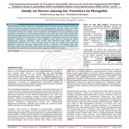 Study on Stress among for Teachers in Mongolia | PDF