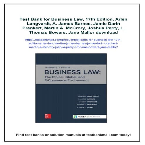 Test Bank for Business Law, 17th Edition, Arlen Langvardt, A. James Barnes, J...