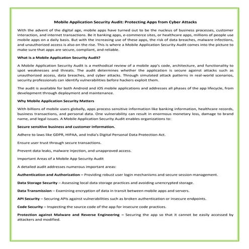 Mobile Application Security Audit: Protecting Apps from Cyber Attacks | PDF
