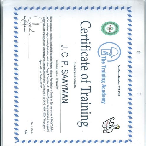 Scaffold Inspector Certificate 
