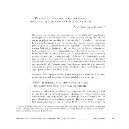 Pensamiento propio e integración transdisciplinaria en la epistémica social. ...