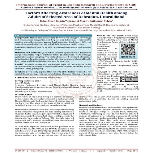 Factors Affecting Awareness of Mental Health among Adults of Selected ...