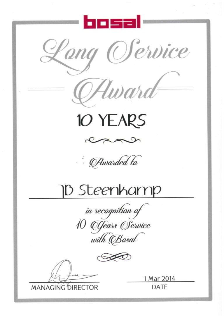 10 years long service award years of service certificates