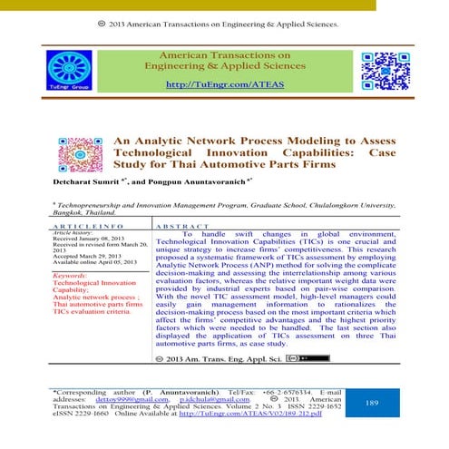 An Analytic Network Process Modeling to Assess Technological Innovation Capab...