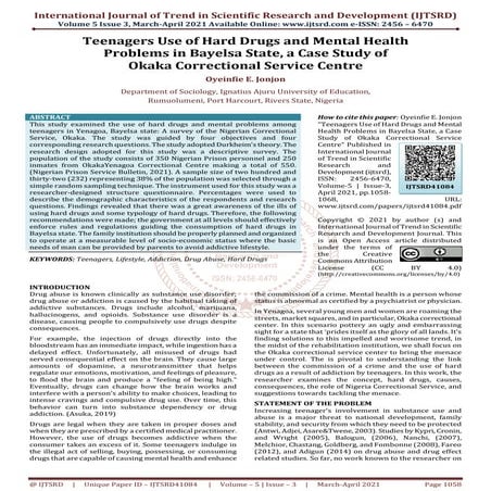 Teenagers Use of Hard Drugs and Mental Health Problems in Bayelsa State, a Ca...