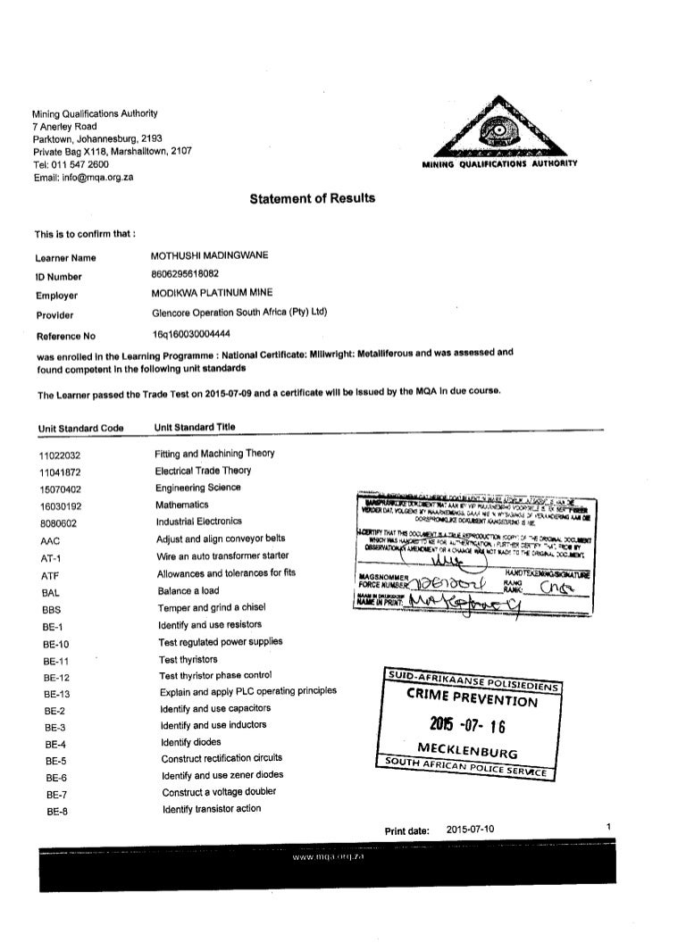 statement of results trade test