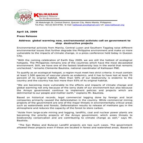 18april 2009 Pr Environmentalists Call On Govt To Stop Destructive Projects