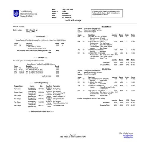 unofficial transcript