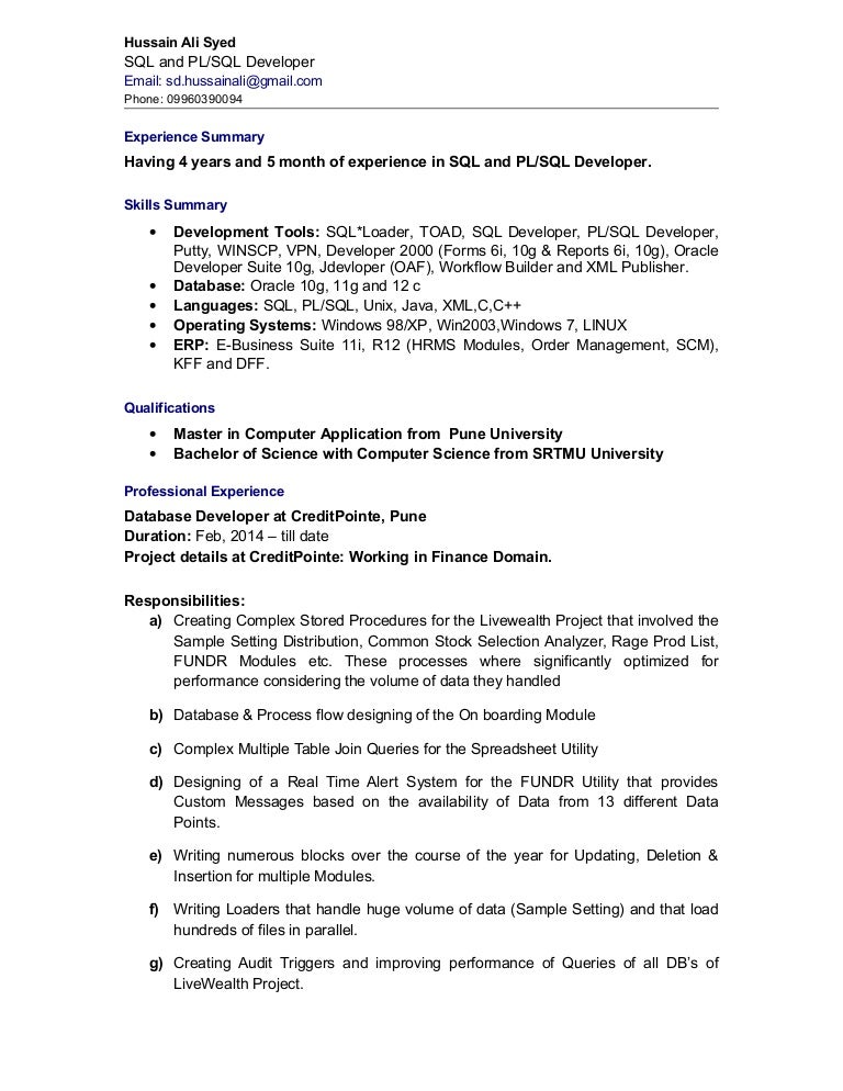 resume for database developer