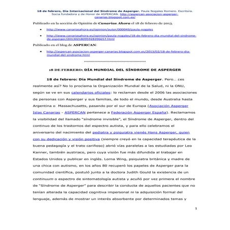 18 de febrero Día Internacional del Síndrome de Asperger: una reflexión desde...