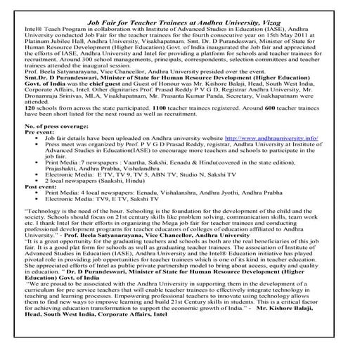 18 job fair for teacher trainees andhra university brief