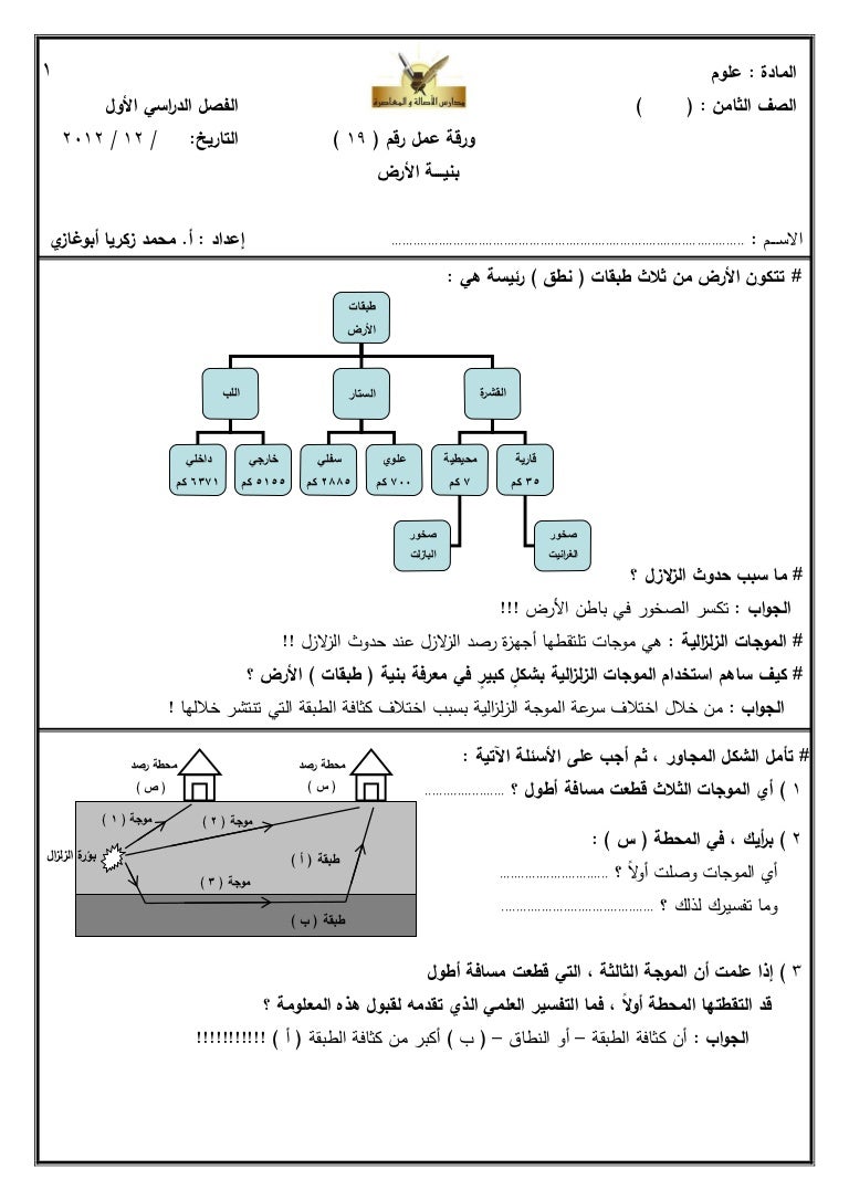 علوم الصف الثامن ورقة عمل 19 بنية الأرض