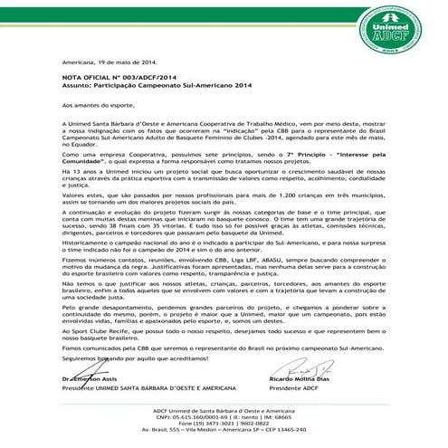 Nota Oficial Unimed/Americana sobre o Sul-Americano