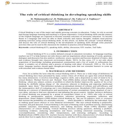 The role of critical thinking in developing speaking skills | PDF