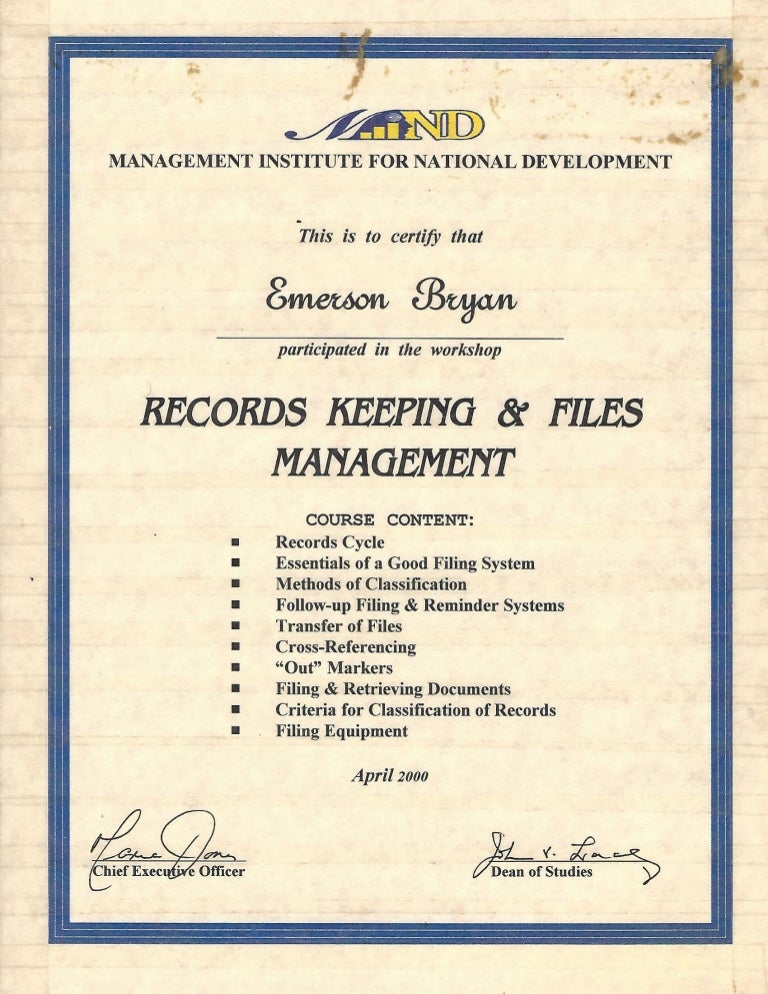 Certificate Recordkeeping and Files Management