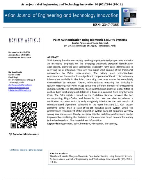 Palm Authentication using Biometrics system