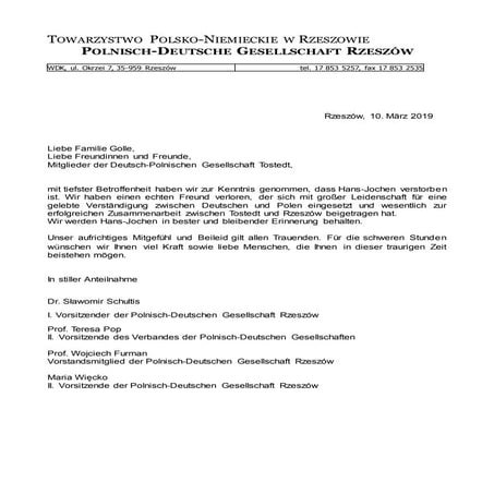 Kondolenzschreiben Hans-Jochen Golle