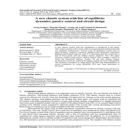 A New Chaotic System with Line of Equilibria: Dynamics, Passive Control and C...