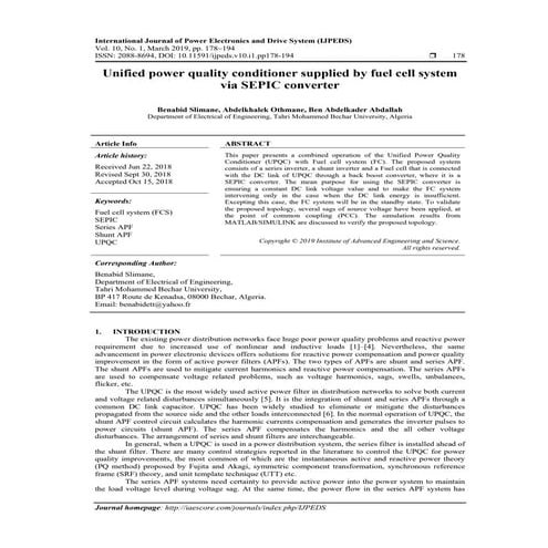 Unified power quality conditioner supplied by fuel cell system via SEPIC conv...