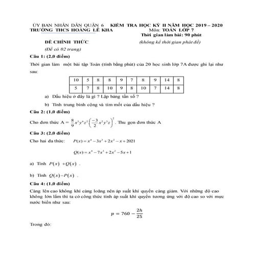 Đề Thi HK2 Toán 7 - THCS Hoàng Lê Kha