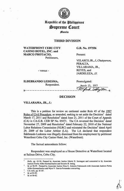 Waterfront Cebu City Casino Hotel, Inc., et. al. -versus- Ildebrando Ledesma