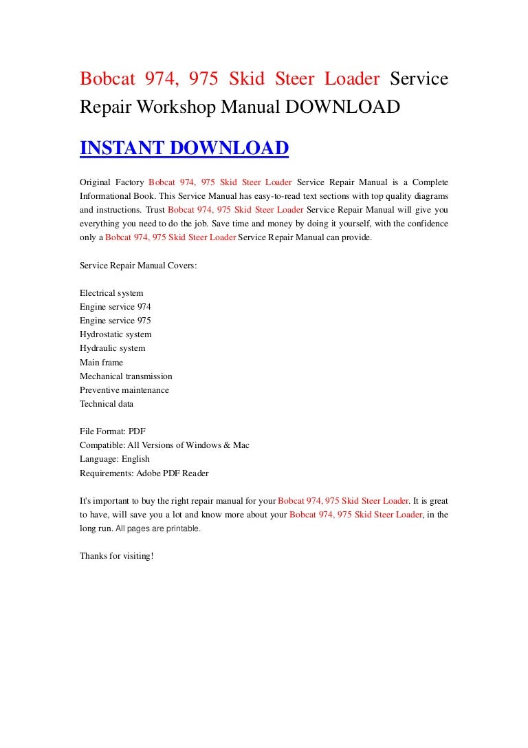 Bobcat 974 Skid Steer Service Manual