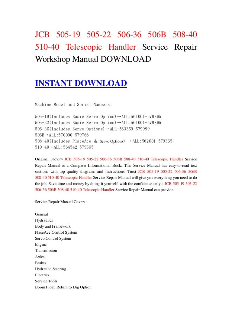 JCB 505-19 505-22 506-36 506B 508-40 510-40 Telescopic Handler Service  Repair Workshop Manual DOWNLOAD