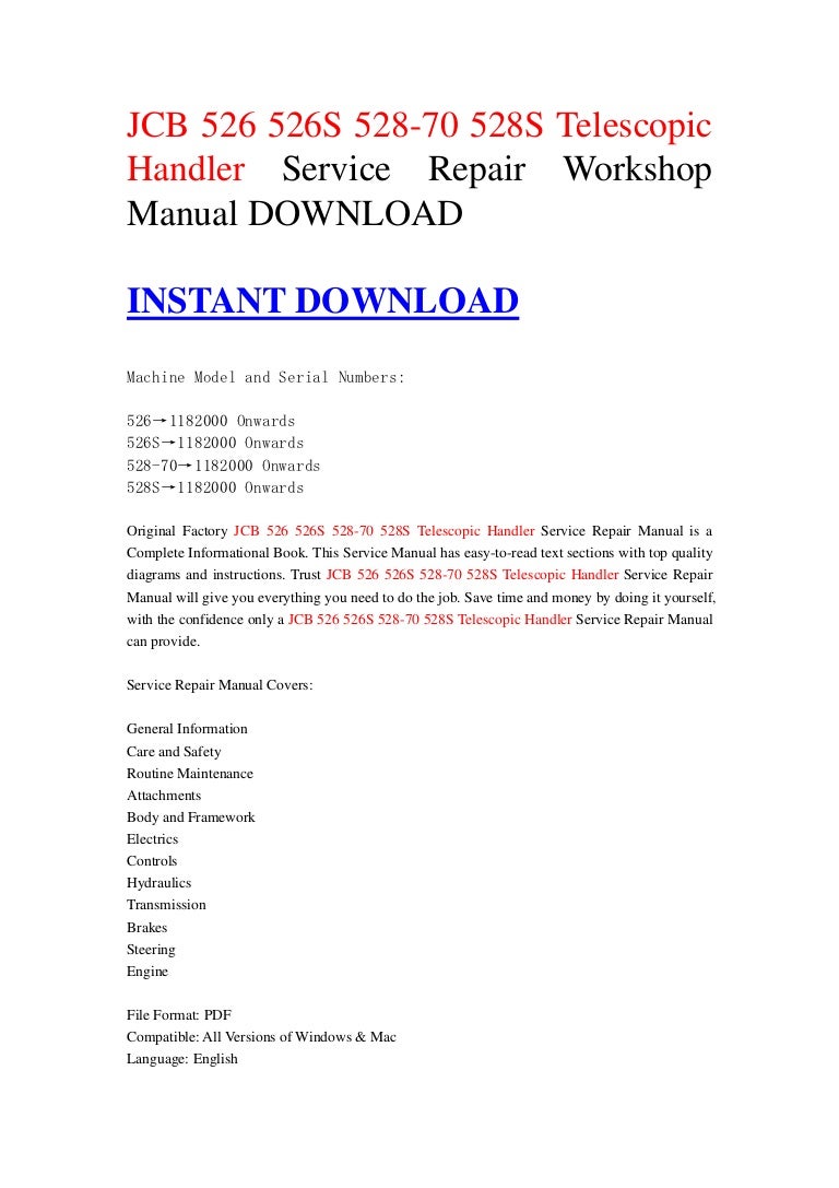 JCB 526 526S 528-70 528S Telescopic Handler Service Repair Workshop Manual  DOWNLOAD